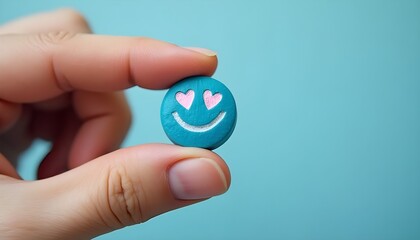 Hand holding a blue pill with a smiling face, symbolizing happiness and vitality.