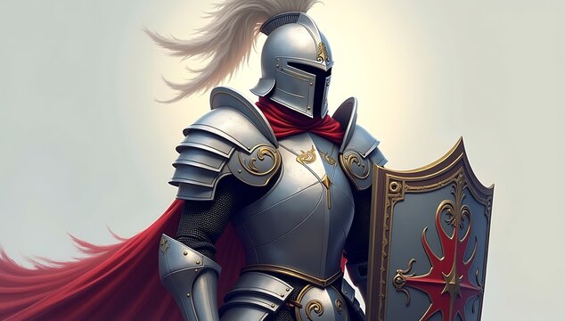 Pixel knight armor with silver chestplate, feathered helm and shield, designed in RPG battle stance
