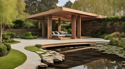 Modern Wooden Garden Pavilion Near Pond.generative.ai
