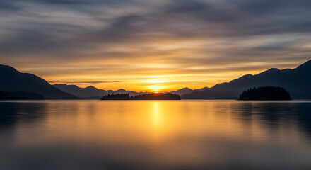 Serene Sunrise over Mountain Lake with Silhouetted Islands Golden Hour Landscape Photography