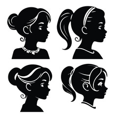 Silhouette profile of girls with various hairstyles in a plain white background. Adorable and stylized depictions of children in different fashion.