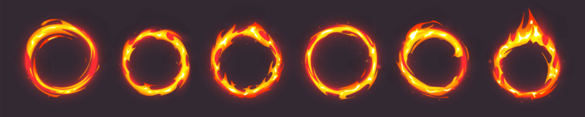 Fototapeta na wymiar Burning fire ring frames set - round borders made of flames. Fiery circular elements, blazing hot circles. Bright flaming design overlays for dramatic effects, danger symbols. Ignited hoop shapes.
