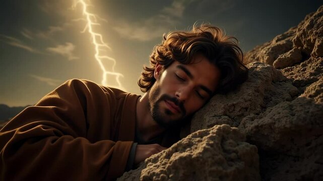 Serene Celestial Sleep Peaceful Jacob rests on the ground his head gently on a stone bathed in soft light a heavenly ladder subtly glows in the sky a symbolic scene of tranquility and dreams