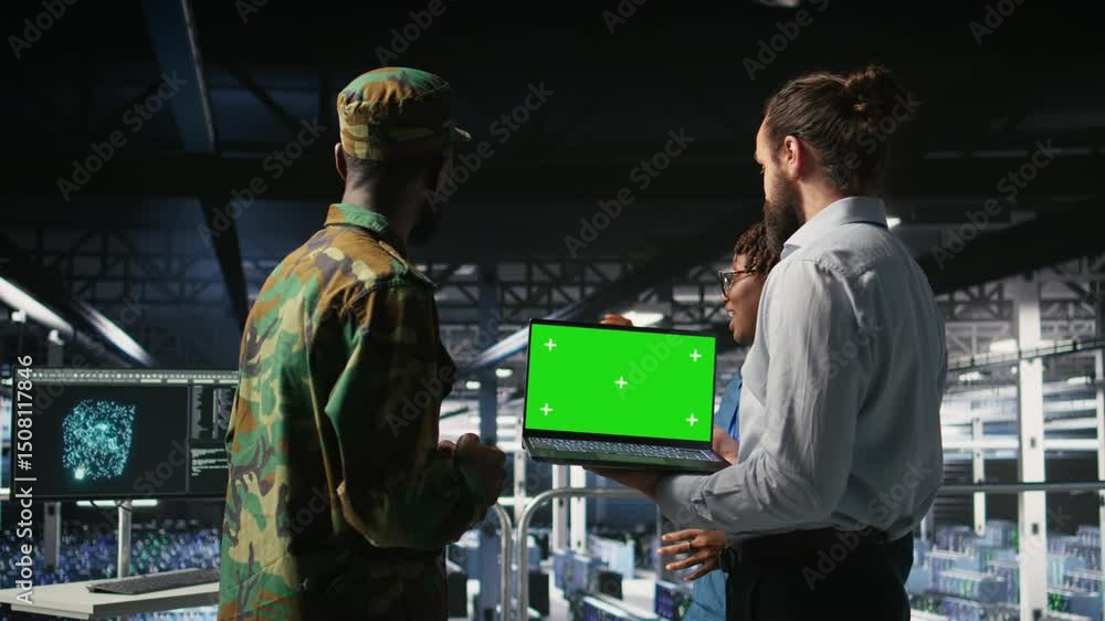 Poster army tech specialist in data center and coworkers using green screen laptop to troubleshoot military