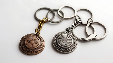 Bronze and silver shield keychains on white background