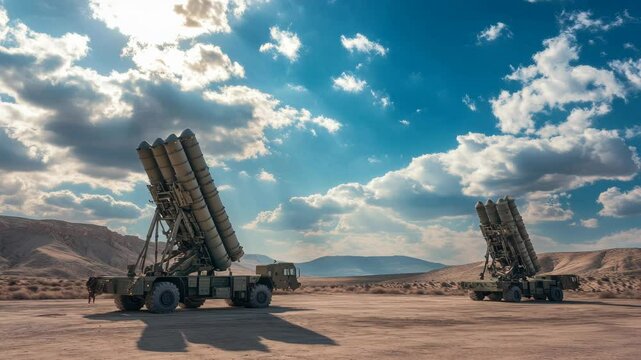 Missile defense system in action: skyhigh technology amidst rugged desert scenery