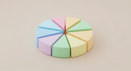 Smooth pastel-toned pie chart in an isometric view emphasizes depth and spatial harmony symbolizing clean and visually appealing data visualization with a modern professional aesthetic.