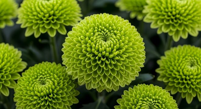 close up of a green plant.Vibrant Green Pompon Chrysanthemums: Lush Spherical Blooms.