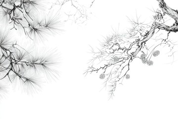 Detailed monochrome illustration of pine branches and cones.