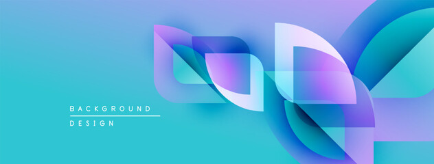 Abstract background features flowing shapes, vibrant colors. Gradient blends turquoise, purple, white creating modern design.