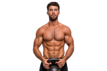 Muscular man with a focused expression holds a kettlebell, training and fitness transparent png
