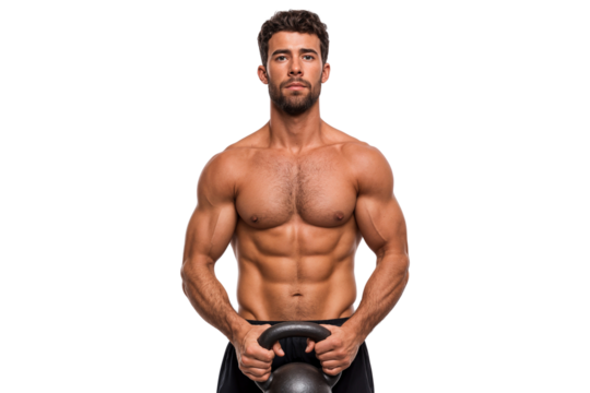 Muscular man with a focused expression holds a kettlebell, training and fitness transparent png - Powered by Adobe