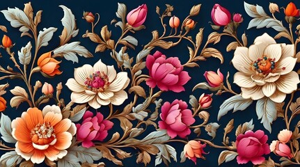 Mughal Rajasthani Islamic style floral motif with fantasy blooms.generative.ai