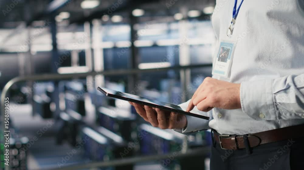 Poster close up of server room worker checking code on tablet next to colleague reviewing ai llm visualizat