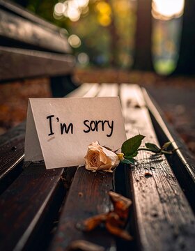 A cinematic photograph of a handwritten note that says &lsquo;I&rsquo;m sorry&rsquo;, placed beside a wilted flower on a park bench in autumn. The palette features warm rust, gold, and soft sepia tones.