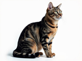 Fototapeta premium The cat is sitting on a white background. The cat has a striped pattern on its fur.