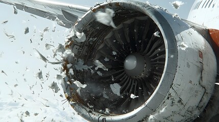
A close-up of a commercial airplane engine showing visible damage and bird feathers stuck to the intake fan area, under a clear sky

