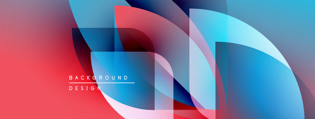 Abstract fluid shapes overlap, creating vibrant red, blue gradients. Modern design elements suggest dynamic movement, smooth transitions.