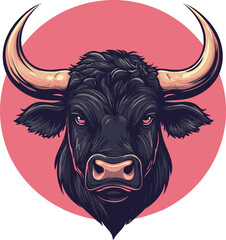 Bold Vector Illustration of a Fierce Bull Head with Large Horns – Ideal for Finance Logos, Sports Mascots, and Western Branding