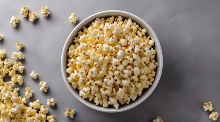 Overhead View of Buttery Popcorn in White bowl on a grey background.generative.ai