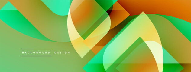 Obraz premium Abstract geometric shapes overlap, creating vibrant gradients. Green, yellow, orange hues dominate design. Modern background texture.