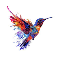 Obraz premium Illustration of a hummingbird, with colorful and vibrant colors, flying in the air against a transparent background. 