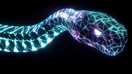 A brilliant geometric snake, its form outlined in sharp, glowing cyan and lavender hues, moving gracefully in perfect angles against the stark black backdrop. 