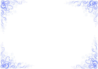 Frame. In each corner of background there are patterns consisting of curls, thin delicate lines. Different shades of blue. Drawing with colored pencils. White copy space. Elegant and delicate.