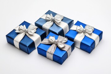 Gift Card Silver Bow. Christmas Layout with Blue and White Presents Decorated for New Year Celebration