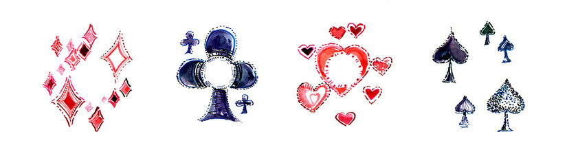 Illustrations of playing card symbols. Isolated on white background. Spade, club, heart, diamond. Stylization, drawn with lines, dots, fills. Different shades of red, dark blue, black. Watercolor, ink