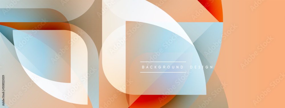 Poster abstract geometric shapes overlap, creating soft color gradients. peach, blue, orange hues dominate 