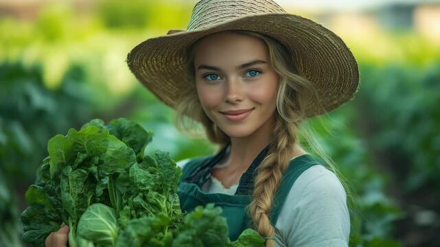 Beautiful Woman Farmer Holding Fresh Green Lettuce
