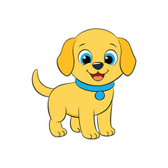 Cute Cartoon Golden Puppy with Big Blue Eyes and Blue Collar