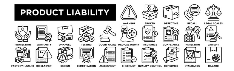 Fototapeta premium Product Liability icon collection set. Warning Label, Broken Product, Defective Packaging, Recall Notice, Legal Scales
