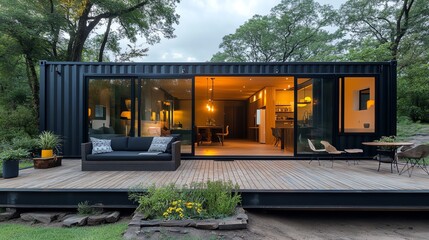 Industrial-style container house with large glass doors,
