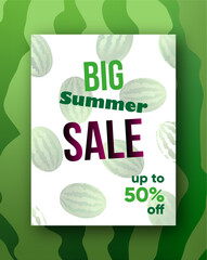 Sale poster, flyer with watermelons, green background. Light and dark green stripes of watermelon. Vector illustration