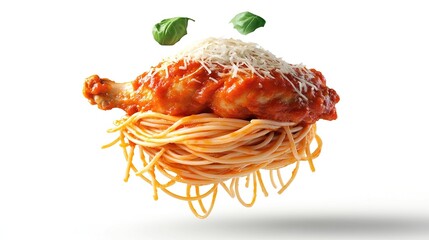 A levitating nest of spaghetti topped with a chicken leg in rich tomato sauce, sprinkled with grated cheese and basil leaves