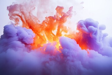 Fototapeta premium A bright fire and smoke plume in an isolated spot on a white background. A colorful cloud of smoke with orange and purple swirls.