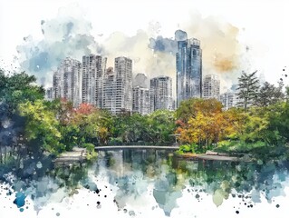 Naklejka premium Tranquil City Park Watercolor Painting Autumnal Trees and Skyscrapers