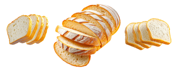 Set of loaf of wheat bread showing its golden crust and soft interior, isolated on white transparent background.