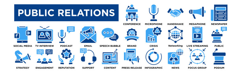 Public Relations icon collection set. Press Conference, Microphone, Handshake, Megaphone, Newspaper