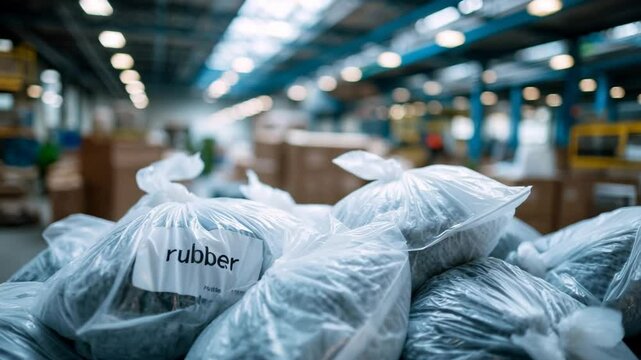Bags of rubber granules are waiting to be shipped, the rubber is packed for recycling. Warehouses with packaging remind of the importance of raw materials in the production cycle