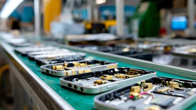 An assembly line with electronic smartphone boards moves through the factory, each board receives components, and the assembly process emphasizes the precision and automation of modern technology.