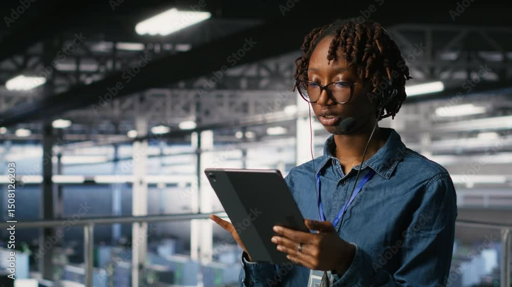 Poster server room admin using tablet and headset microphone to provide infrastructure tech support. data c