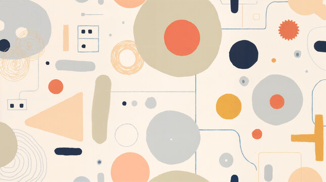 A minimalist abstract pattern suitable for an album cover, featuring geometric shapes and soft, harmonious colors, incorporating circular and linear elements that create a sense of movement and rhythm