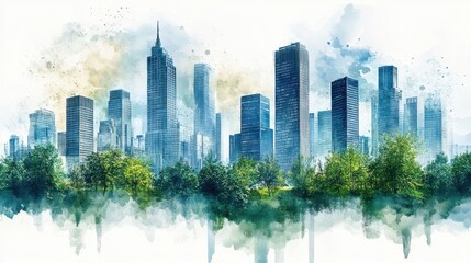 Obraz premium Serene Cityscape Watercolor Painting Blue Buildings and Green Trees