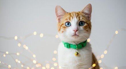 Charming Ginger and White Cat with Blue Eyes and Green Collar Surrounded by String Lights on White Backdrop