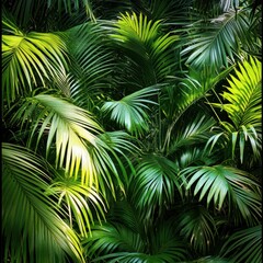 Lush green palm fronds tropical paradise. A lush green jungle with palm trees and leaves. Concept of tranquility and natural beauty.
