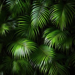 Lush green palm fronds tropical paradise. A lush green jungle with palm trees and leaves. Concept of tranquility and natural beauty.