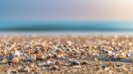 Close-up view of a serene beach scene featuring an array of small, smooth pebbles in shades of white, brown, and translucent, mixed with fine grains of sand and darker specks. The calm sea in the back
